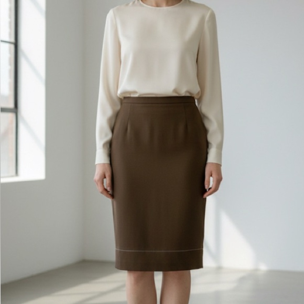 PRADA Chocolate Brown Classic Woven Pencil Skirt